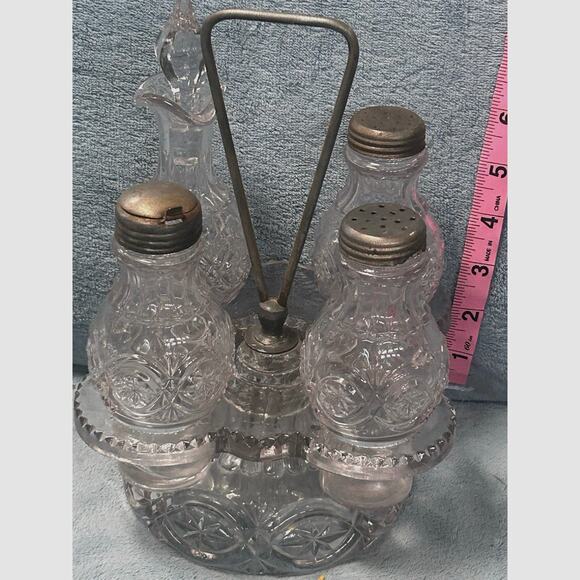 Glows Crystal Cruet Set Glass Condiments Set of Five Victorian Antique